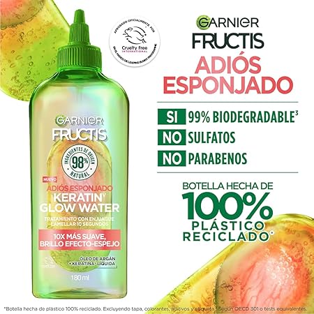 Garnier Fructis Adiós Esponjado Tratamiento Keratin Glow Water Antifrizz, 180ml 10X mas Suave, Brillo Efecto Espejo con Oleo de Argán y Keratina Liquida