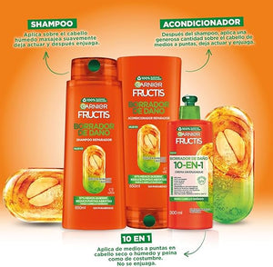Garnier Fructis Crema para Peinar Sin Enjuague Borrador de Daño, largo perfecto crema 10 en 1, 300ml