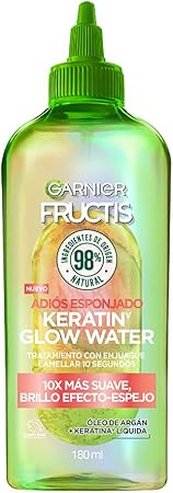 Garnier Fructis Adiós Esponjado Tratamiento Keratin Glow Water Antifrizz, 180ml 10X mas Suave, Brillo Efecto Espejo con Oleo de Argán y Keratina Liquida