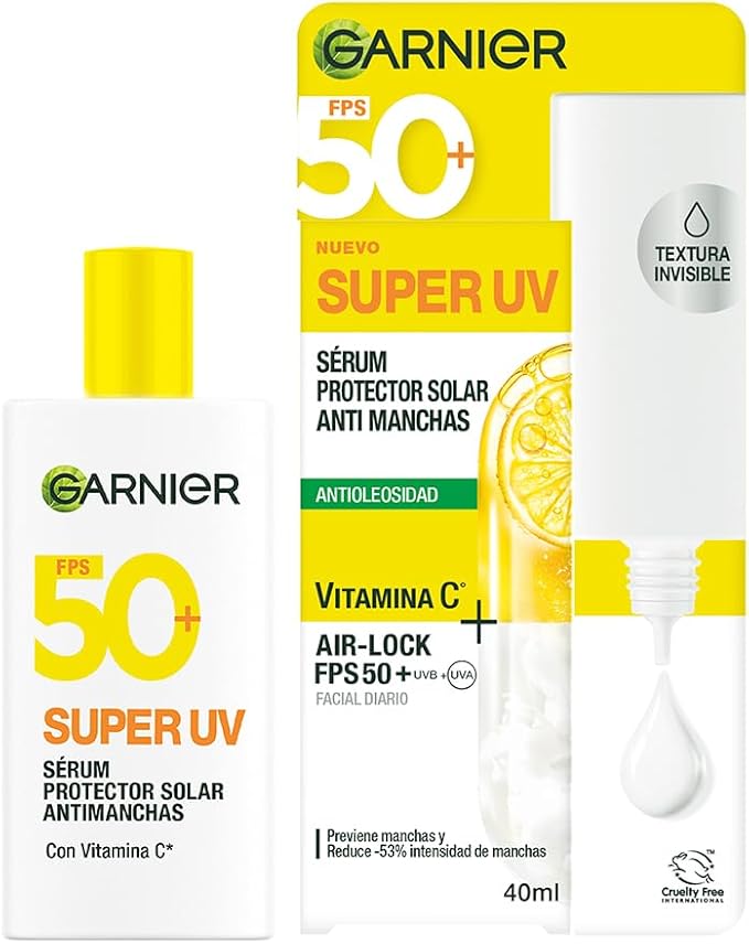 Garnier Super UV Protector Solar Facial Fluido Anti Oleosidad con Vitamina C, con Textura Invisible y Ligera, 40ml
