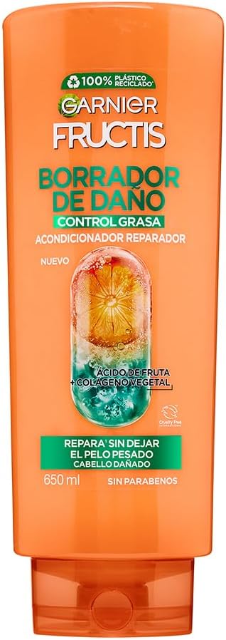 Garnier Fructis Borrador de Daño Control Grasa Acondicionador 650ml para Cabello Dañado y Raíces Grasas