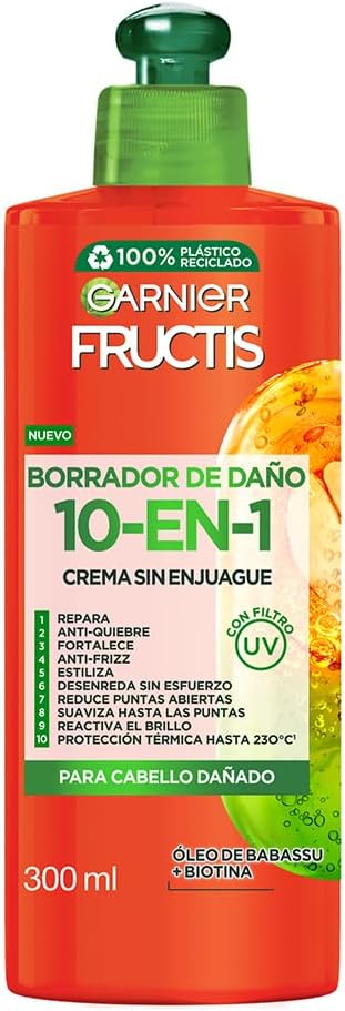 Garnier Fructis Crema para Peinar Sin Enjuague Borrador de Daño, largo perfecto crema 10 en 1, 300ml