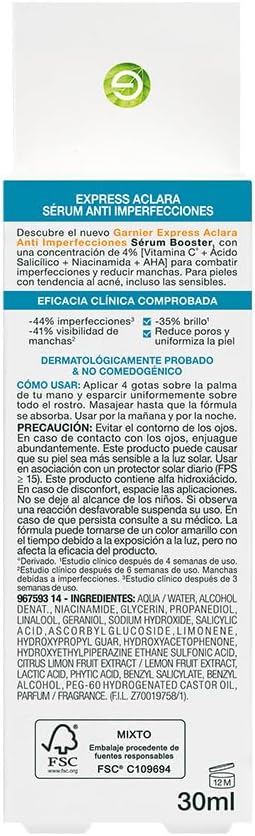 Garnier Express Aclara Sérum Anti-imperfecciones con Ácido Salicílico y Vitamina C, 30ml.