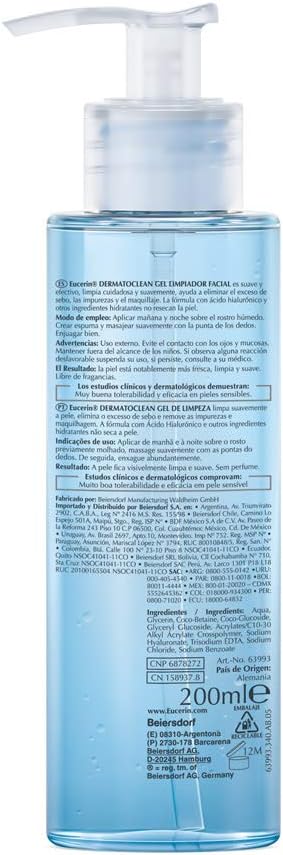 Eucerin Gel Limpiador Facial DermatoClean para piel normal a mixta, 200ml