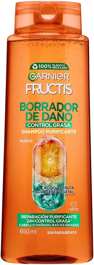 Garnier Fructis Borrador de Daño Control Grasa Shampoo 650ml para Cabello Dañado y Raíces Grasas