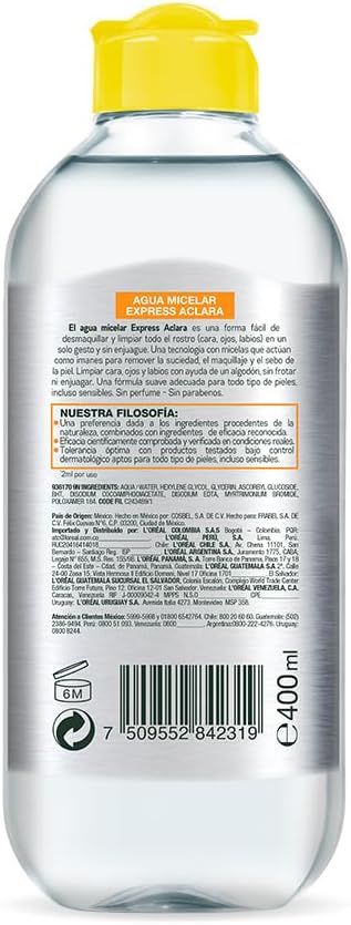 Garnier Express Aclara Agua micelar desmaquillante con Vitamina C Tono Uniforme, 400ml.