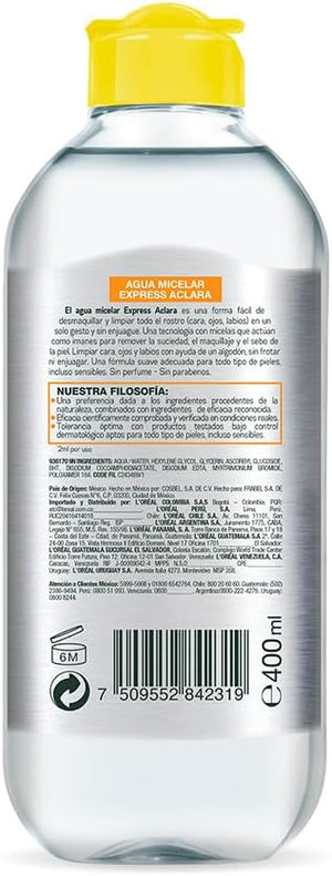 Garnier Express Aclara Agua micelar desmaquillante con Vitamina C Tono Uniforme, 400ml.