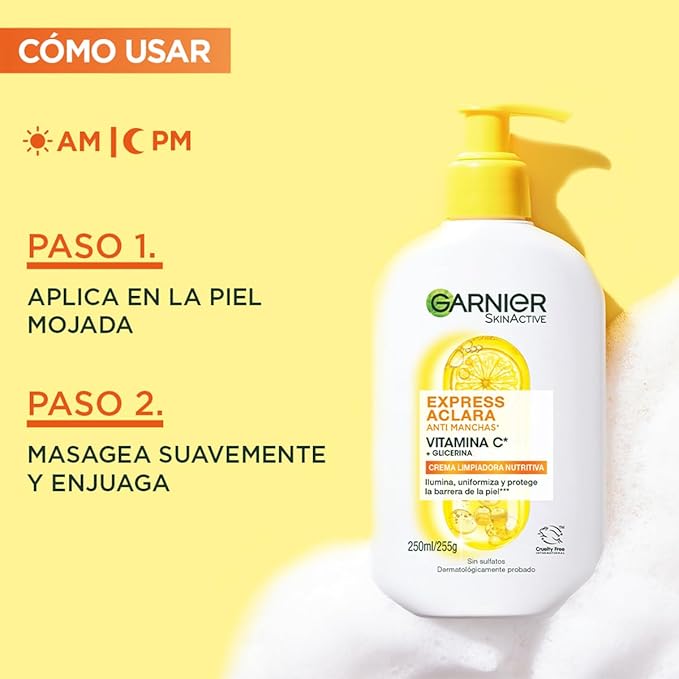 Garnier Skin Active Express Aclara Vitamina C Gel Limpiador Facial, Crema Hidratante 250ml