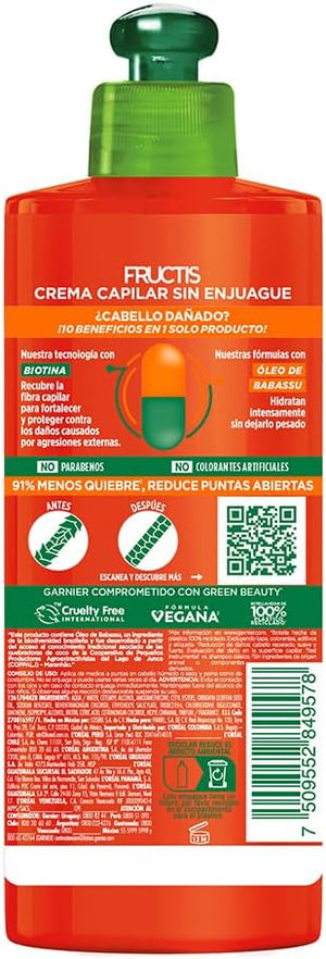 Garnier Fructis Crema para Peinar Sin Enjuague Borrador de Daño, largo perfecto crema 10 en 1, 300ml