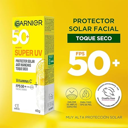 Garnier Super UV Protector Solar Facial Toque Seco Efecto Mate con Vitamina C, Textura Ligera Gel Crema Hidratante, 40ml