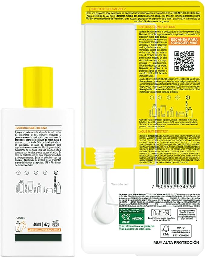 Garnier Super UV Protector Solar Facial Fluido Anti Oleosidad con Vitamina C, con Textura Invisible y Ligera, 40ml