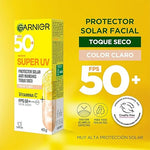 Garnier Super UV Protector Solar Facial Toque Seco Efecto Mate Con Color Tono Claro, Textura Ligera Gel Crema Hidratante con Vitamina C, 40ml