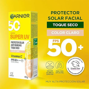 Garnier Super UV Protector Solar Facial Toque Seco Efecto Mate Con Color Tono Claro, Textura Ligera Gel Crema Hidratante con Vitamina C, 40ml