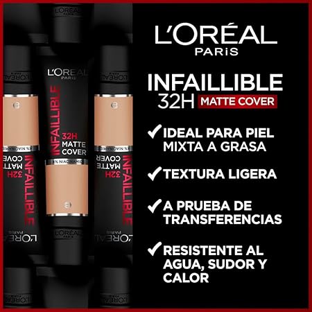 L’Oréal Paris, base de maquillaje de alta cobertura mate y larga duración, Infallible 32h Matte Cover