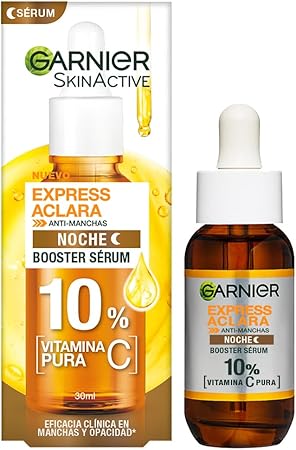 Garnier Express Aclara Serum Noche Antimanchas con 10% Vitamina C Pura para una Piel Radiante, reduce las Manchas durante la Noche, 30ml