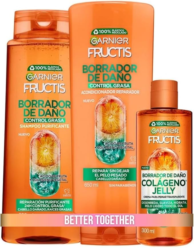 GARNIER Kit Rutina 3 packs Fructis Borrador de Daño y control Grasa: Shampoo 650ml + Acondicionador 650ml + Crema para peinar 300ml