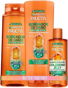 GARNIER Kit Rutina 3 packs Fructis Borrador de Daño y control Grasa: Shampoo 650ml + Acondicionador 650ml + Crema para peinar 300ml