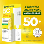Garnier Super UV Protector Solar Facial Fluido Anti Oleosidad con Vitamina C, con Textura Invisible y Ligera, 40ml