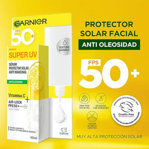 Garnier Super UV Protector Solar Facial Fluido Anti Oleosidad con Vitamina C, con Textura Invisible y Ligera, 40ml