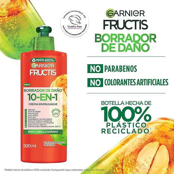 Garnier Fructis Crema para Peinar Sin Enjuague Borrador de Daño, largo perfecto crema 10 en 1, 300ml