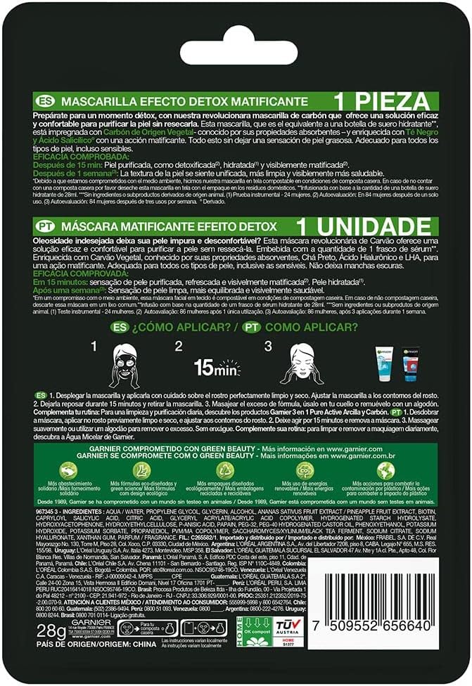 Garnier Skin Naturals Face Mascarilla facial en tela para piel grasa con carbon