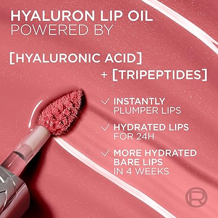 L'Oréal Paris, Plump Ambition lip oil para labios glossy, brillo labial voluminizador con ácido hialurónico