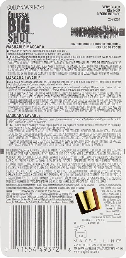 Maybelline Mascara para Pestanas Lavable, The Colossal Big Shot, Very Black, 9.7 ml
