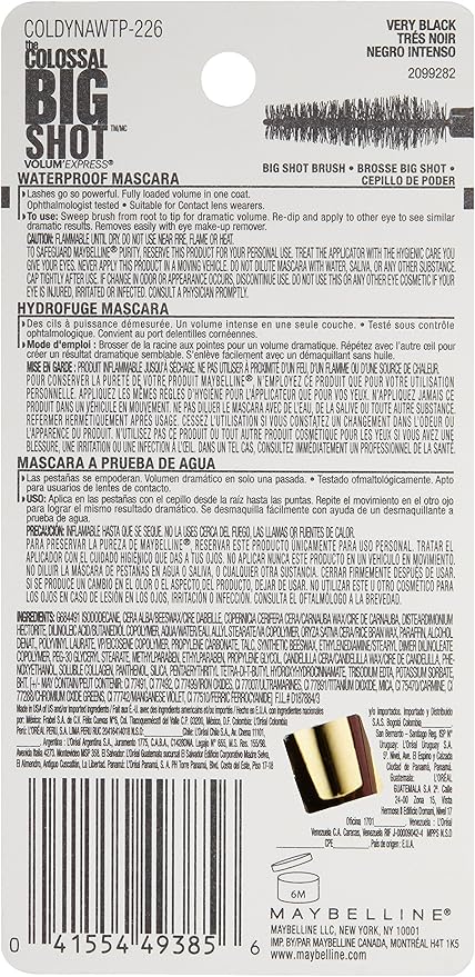 Maybelline Mascara para Pestanas a Prueba de Agua,The Colossal Big Shot, Very Black, 9.5 ml