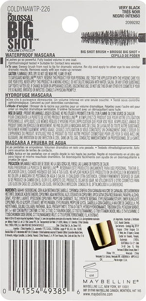 Maybelline Mascara para Pestanas a Prueba de Agua,The Colossal Big Shot, Very Black, 9.5 ml