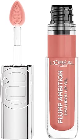 L'Oréal Paris, Plump Ambition lip oil para labios glossy, brillo labial voluminizador con ácido hialurónico