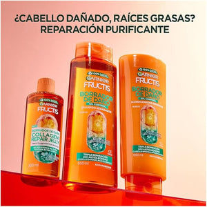 Garnier Fructis Borrador de Daño Control Grasa Shampoo 650ml para Cabello Dañado y Raíces Grasas