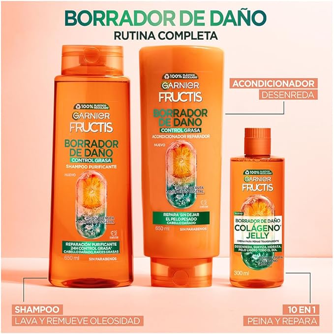Garnier Fructis Borrador de Daño Control Grasa Shampoo 650ml para Cabello Dañado y Raíces Grasas