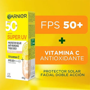 Garnier Super UV Protector Solar Facial Toque Seco Efecto Mate Con Color Tono Claro, Textura Ligera Gel Crema Hidratante con Vitamina C, 40ml