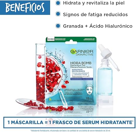 Garnier Skin Active Garnier skin active hidra bomb mascarilla facial en tela hidratante revitalizante con granada acido hialuronico de origen natural