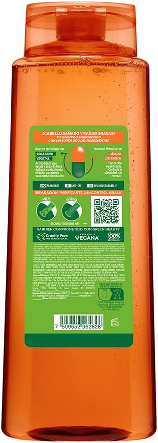 Garnier Fructis Borrador de Daño Control Grasa Shampoo 650ml para Cabello Dañado y Raíces Grasas