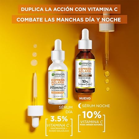 Garnier Express Aclara Serum Noche Antimanchas con 10% Vitamina C Pura para una Piel Radiante, reduce las Manchas durante la Noche, 30ml